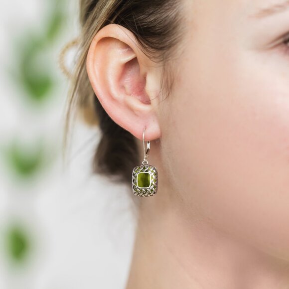 Recycled Early 1900s Olive Green Wine Bottle Vintage Quilted Square Earrings - Picture 4 of 6